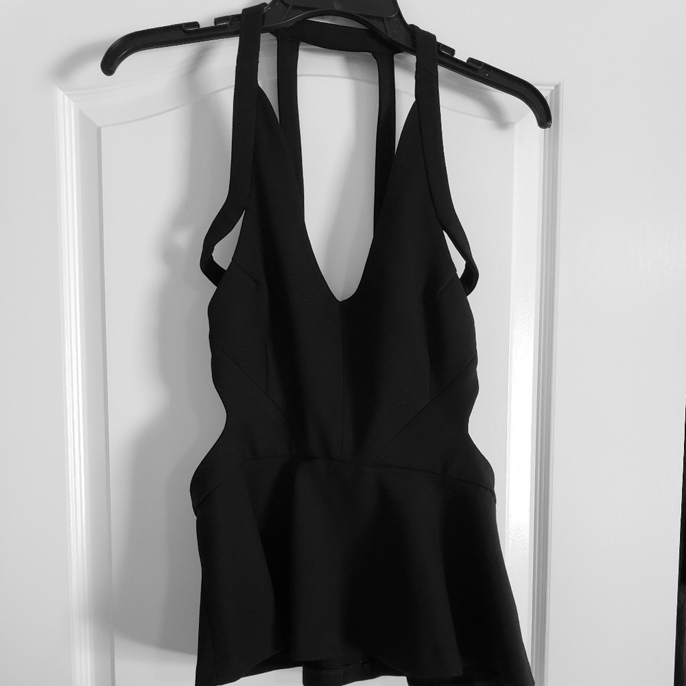 Black strappy top, peplum style